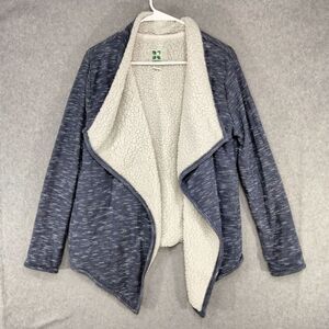 Green Tea Sherpa Fleece Womens Large Blue White Heathered Open Front Sweater